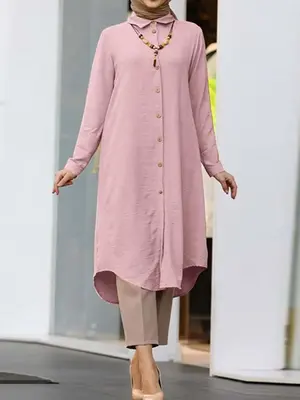Women's Plain High Low Hem Button Long Sleeve Kaftan Dress, Casual Collared Long Dress for Summer, Women's Islamic Clothing f...
