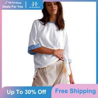Womens 3/4 Sleeve Casual Loose Tee Shirt Basics Cotton T Shirts Summer Trendy Tops Lady Oversize Comfort Crewneck