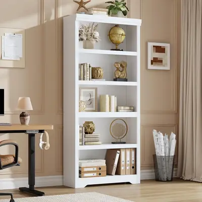 Garvee 5 Tier Bookshelf, 69 Tall Farmhouse Bookcase with Adjustable Shelves, 31.5 W Floor Standing Open Display Storage Rac...