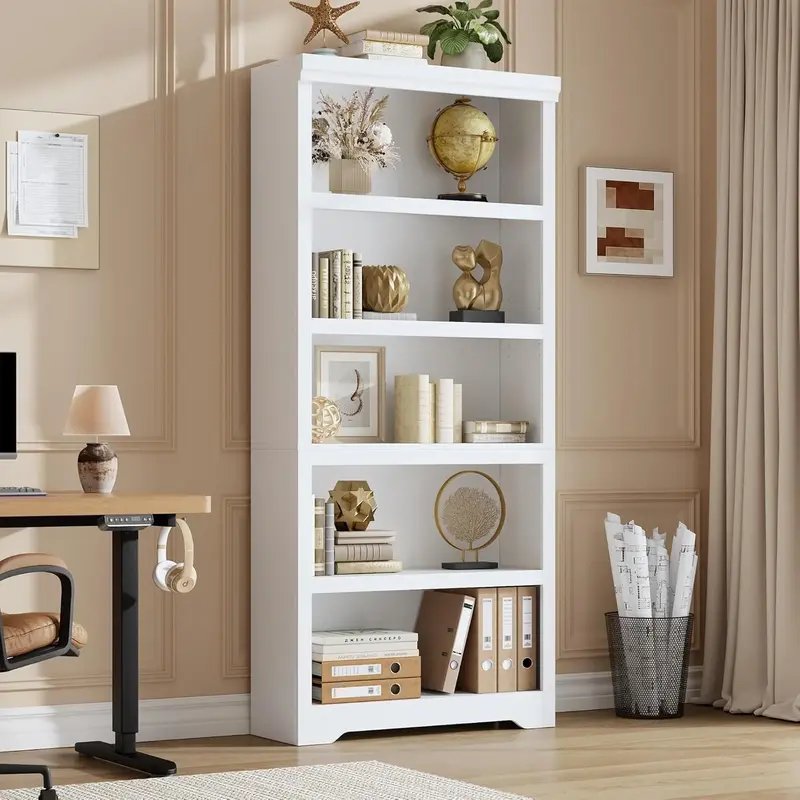 Garvee 5 Tier Bookshelf, 69 Tall Farmhouse Bookcase with Adjustable Shelves, 31.5 W Floor Standing Open Display Storage Rac...
