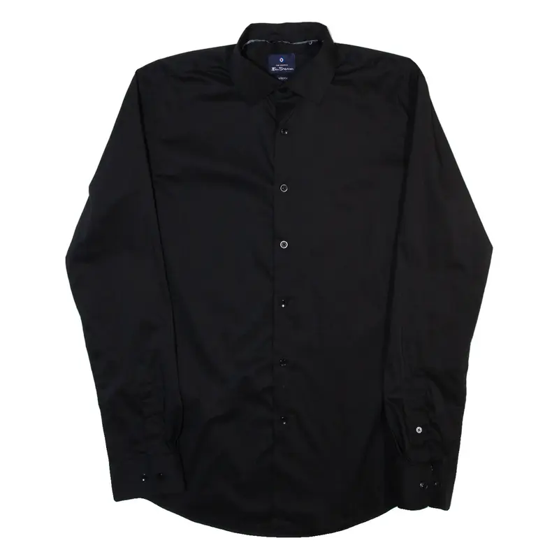 BEN SHERMAN Stretch Slim Fit Mens Plain Shirt Black Long Sleeve M