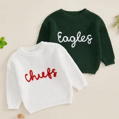 Kid Boy Girl Knit Sweater Letter Embroidery Crew Neck Long Sleeve Pullover Tops for Fall Winter