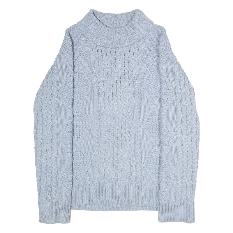 ORIGINAL ARAN Mens Aran Jumper Blue High Neck Cable Knit Wool S