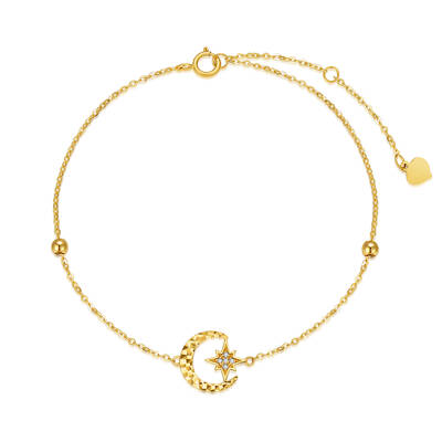 14K Gold Cubic Zirconia Bead & Moon & Star Charm Bracelet