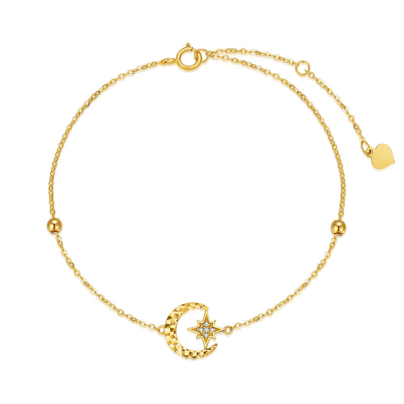 14K Gold Cubic Zirconia Bead & Moon & Star Charm Bracelet