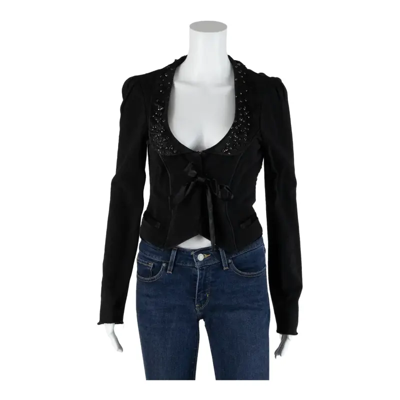 MAX & CO Tricot Evening Satin Bead Collar Top Black Collared Long Sleeve Womens M