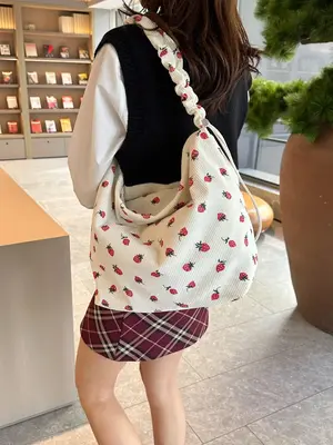 Women's Summer Sweetness Fashion Strawberry Pattern Ruched Strap Zipper Shoulder Bags, 2025 Trendy Large Capacity Commuter To...