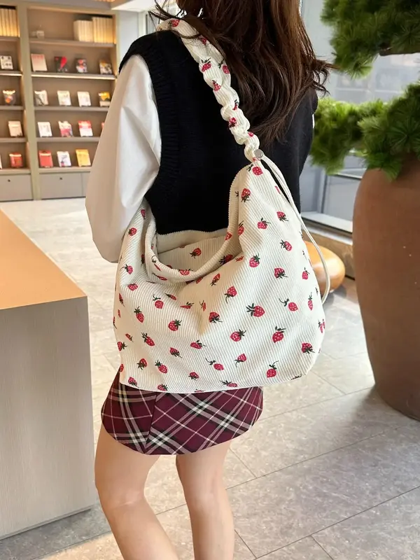 Women's Summer Sweetness Fashion Strawberry Pattern Ruched Strap Zipper Shoulder Bags, 2025 Trendy Large Capacity Commuter To...