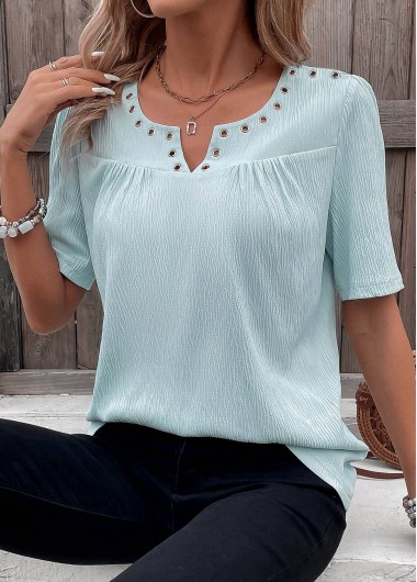 Modlily Light Blue Eyelet Short Sleeve Split Neck Blouse - S