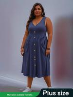 【Plus Size】 Solid Color Button Decor Dress, Elegant Sleeveless Pocket Dress for Summer, Women's Plus Clothing for Daily ...