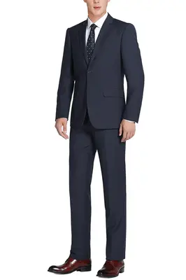 Navy Blue Slim Fit Wool Suit for Men - Basic Two Button with Optional Vest