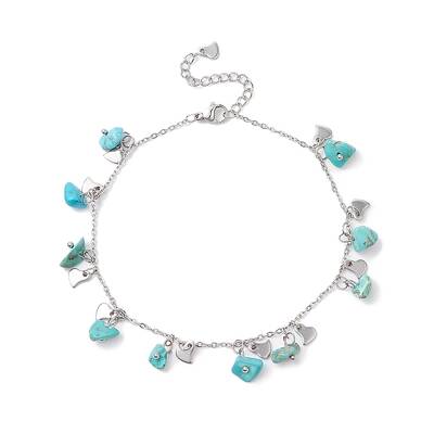 Synthetic Turquoise Chips & Heart Charms Anklet