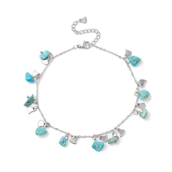 Synthetic Turquoise Chips & Heart Charms Anklet