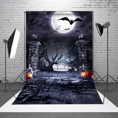 Scary Bat House With Ghost Pumpkin Halloween Backdrop - Aperturee