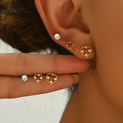 3 Pairs Heart Stainless Steel Stud Earring Sets