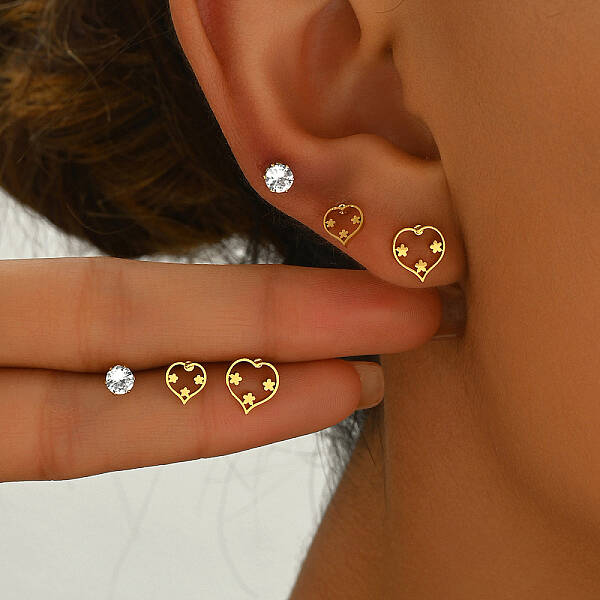 3 Pairs Heart Stainless Steel Stud Earring Sets