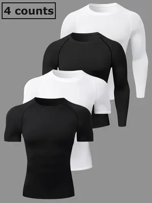Men's Plain Round Neck Sports Tee, 2 Counts Short Sleeve Top & 2 Counts Long Sleeve Top, Quick Drying Breathable T-shirt, Sum...