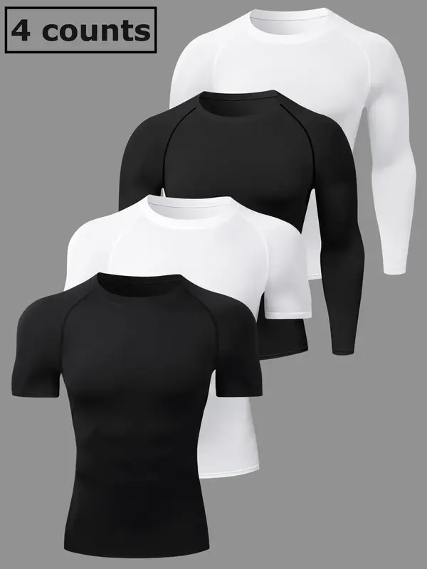 Men's Plain Round Neck Sports Tee, 2 Counts Short Sleeve Top & 2 Counts Long Sleeve Top, Quick Drying Breathable T-shirt, Sum...