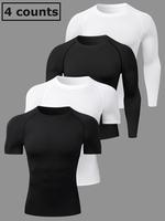 Men's Plain Round Neck Sports Tee, 2 Counts Short Sleeve Top & 2 Counts Long Sleeve Top, Quick Drying Breathable Athletic T-s...