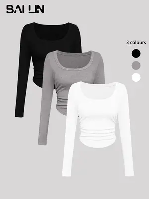 Women's Plain Ruched Scoop Neck Tee, Casual Tops, Basic Long Sleeve T-shirt for Spring & Fall, Tee Shirts for Lady, T Shirts ...
