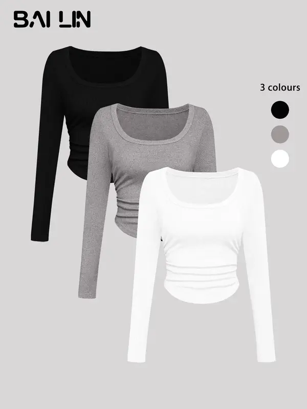 Women's Plain Ruched Scoop Neck Tee, Casual Tops, Basic Long Sleeve T-shirt for Spring & Fall, Tee Shirts for Lady, T Shirts ...