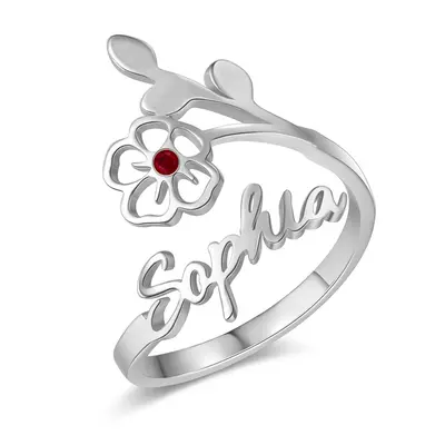 Sterling Silver Cubic Zirconia Personalized Birthstone Classic Name Open Ring For Women