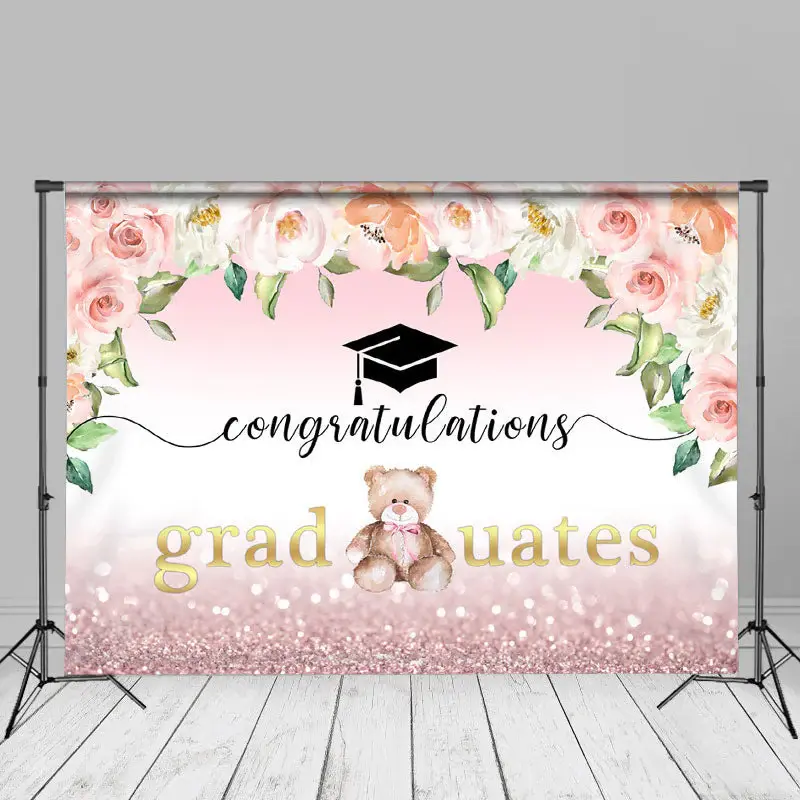 Little Bear Pink White Floral Bokeh Grad Photo Backdrop - Aperturee