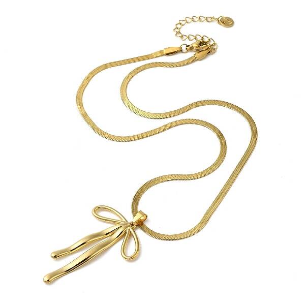 304 Stainless Steel Flat Snake Chain Bowknot Pendant Necklaces for Women