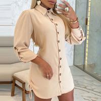 Chicme Side Drawstring Buttoned Roll Up Sleeve Shirt Dress Collar Casual
