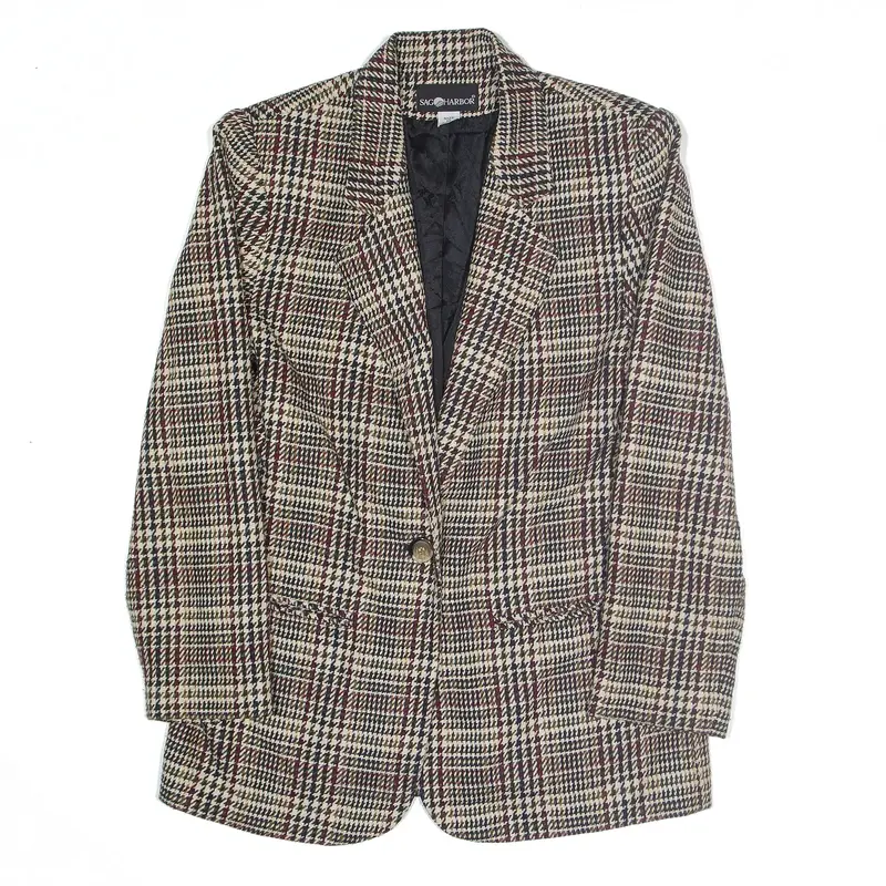 SAG HARBOR Wool Blend Blazer Jacket Beige 90s Check Womens M