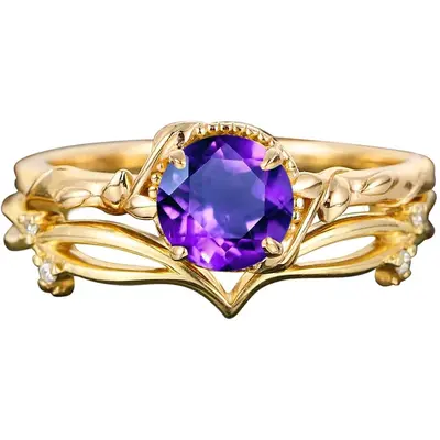 10K Gold Round Cut Ivy Gemstone Engagement Ring Vintage Wedding Bridal Anniversary Proposal Ring Set