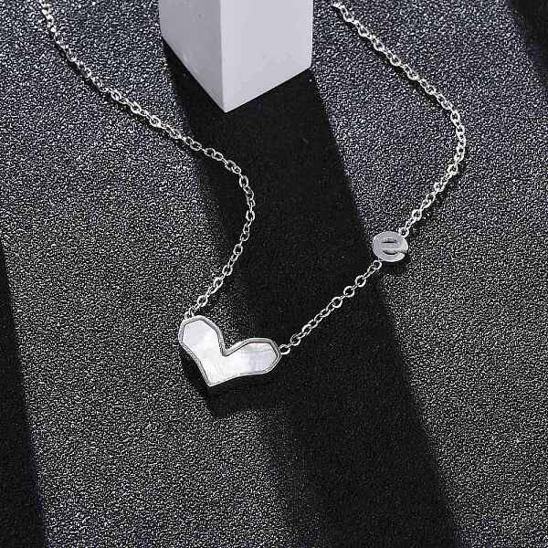 304 Stainless Steel Pave Natural White Shell Heart Pendant Necklaces for Women