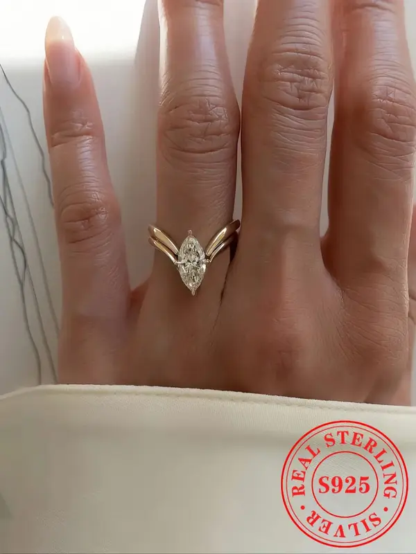 S925 Sterling Silver Fashion V-shaped Olive Shaped Ring, Stackable Ring for Women, Fashion Jewelry for Party, Daily Decor, Tr...