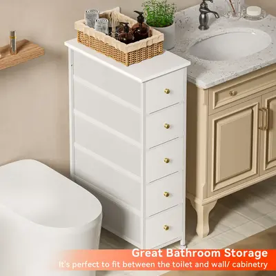 Slim White Storage Tower with 5 Drawers, Wear-Resistant Dresser Chest, Multi-Functional Narrow Cabinet with Steel Frame, Wood...