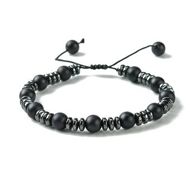 Black Glass & Non-magnetic Synthetic Hematite Round Braided Bead Bracelet