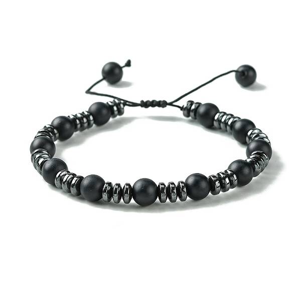 Black Glass & Non-magnetic Synthetic Hematite Round Braided Bead Bracelet