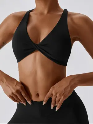 Women's Plain Criss Cross Twist Backless Sports Bra, Summer Outfits 2024, Solid Color Quick Drying Breathable Comfortable Spo...