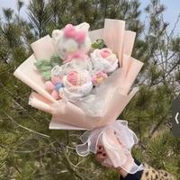 Crochet Bouquet Gift for Her with Heart-Shaped Elements, White Flowers, and Decorative Elements in Soft Pink Packaging