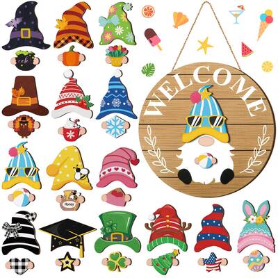 Easter Interchangeable Wooden Gnome Decor Holiday Seasonal Gnome Decorations with 15 Magnet Pieces and 15 Detachable Hat