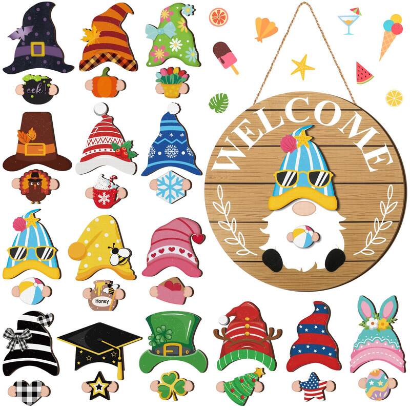 Easter Interchangeable Wooden Gnome Decor Holiday Seasonal Gnome Decorations with 15 Magnet Pieces and 15 Detachable Hat