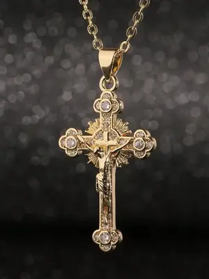 Rhinestone Cross Pendant Necklace for Men & Women, Dainty Cross Necklace, Fashion Religious Jewelry for Party, Daily Clothing...