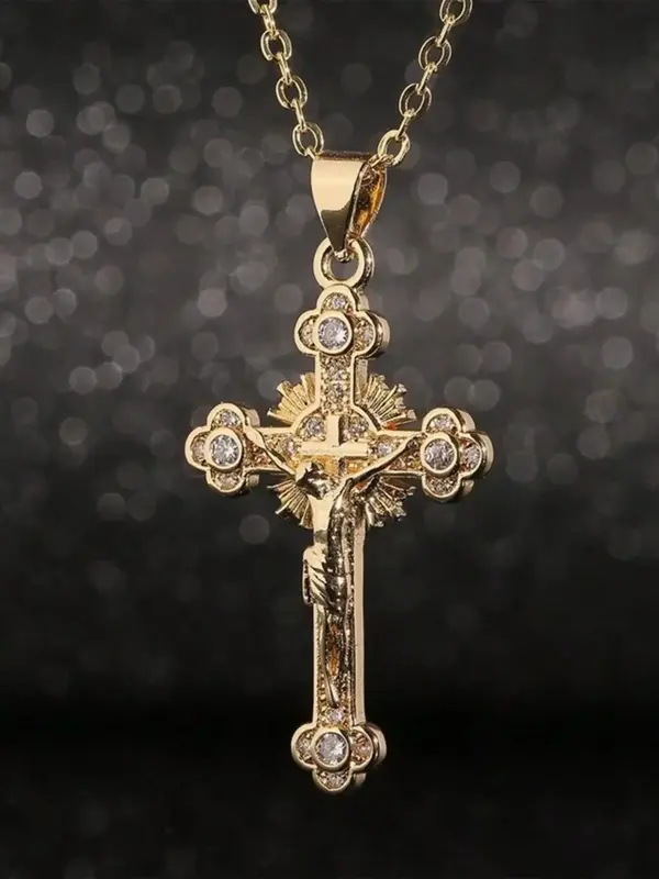 Rhinestone Cross Pendant Necklace for Men & Women, Dainty Cross Necklace, Fashion Religious Jewelry for Party, Daily Clothing...