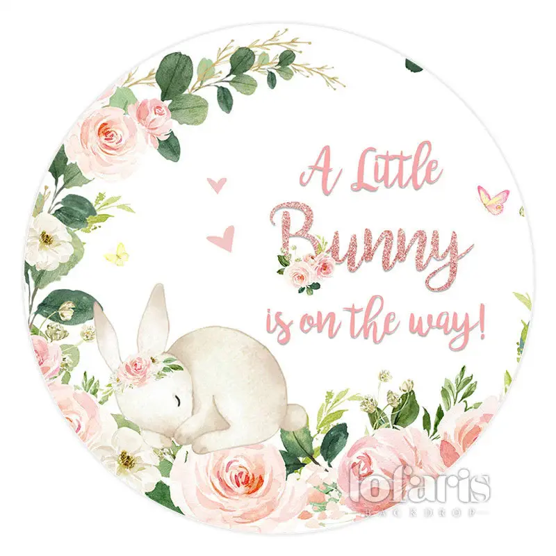 Aperturee Pink Bunny And Flower Spring Round Baby Shower Backdrop | Circle Party Backdrop | Round Backdrop Cover Diy | Baby S...