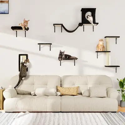 [dealsforyoudays] 6-Piece Wall-Mounted Cat Climbing Set with Condo, Scratching Post, Bridge & Toy [FathersDayGift]