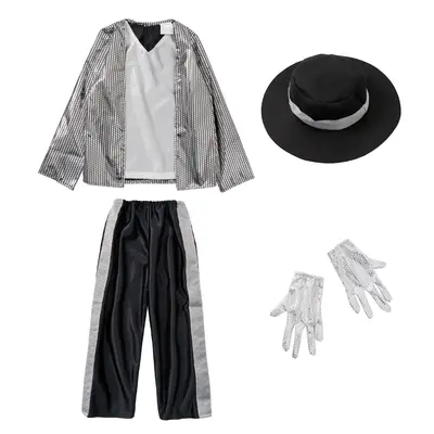 Kids Boys 80s Costume Michael Cosplay Hip Hop Stage Outfits with Matched Hat Gloves Colorblock Letter