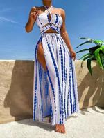 Three-Piece Set Women's Tie Dye Print Criss Cross Swimsuit Set, Boho Halter Neck Bra & Split Thigh Skirt & High Cut Panty ...