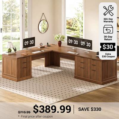 SEDETA 78.8 Inch Fluted L Shaped Desk with 6 Drawers Fluted Brown Home Office Desk with Power Outlet File Cabinet Storage Woo...
