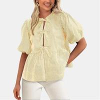 PrettyGarden Women's Tie Front Striped Shirt Summer Trendy Fashion Cute Babydoll Tops Peplum Puffy Sleeve Blouse, Comfort Wom...