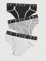 Women's 3pcs Moon & Skull Print Contrast Binding Knicker, Casual Comfy Breathable Panty for Daily Wear, Underwear for All Sea...