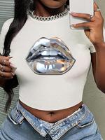 Women's Lip Print Round Neck Tee, Fashion Casual Crew Neck T-shirt for Daily Holiday Vacation Outdoor Wear, Ladies Clothes fo...